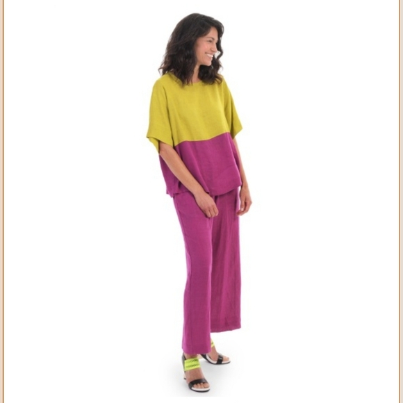 Alembika Linen Color Block Top Size S Small Citron And Purple - Picture 2 of 9